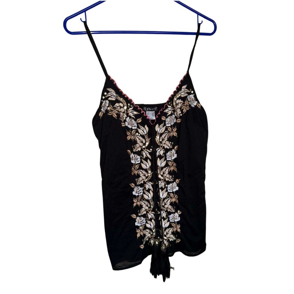 ⚫️ VENUS Black Spaghetti Strap Blouse Tank Cami with Floral Embroidery